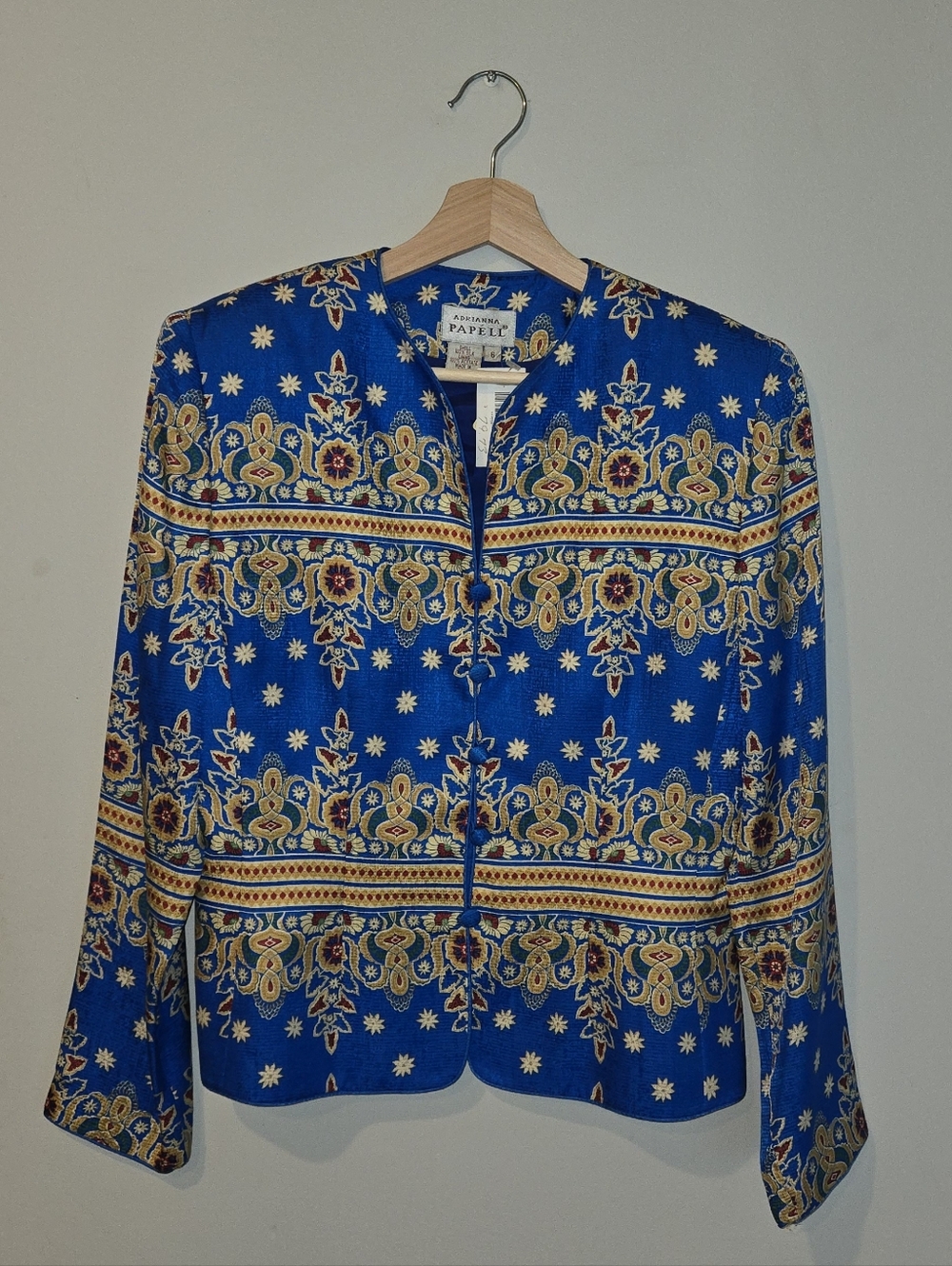 100% Silk Blue Baroque Print Jacket Blazer Top Size 6 Artsy Adrianna Papell